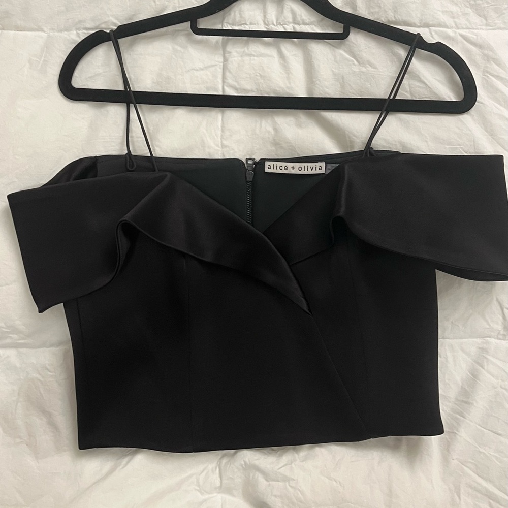 Alice + Olivia Satin Black Off-Shoulder Crop Top Size 2
